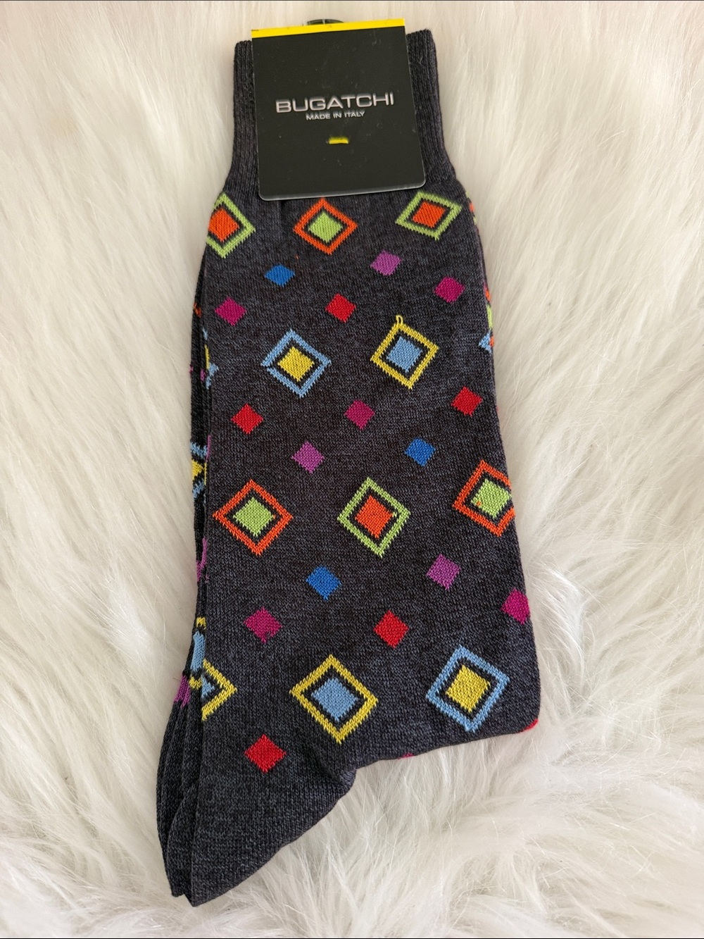 Bugatchi Black Dress Socks with Colorful Diamond Dot Pattern